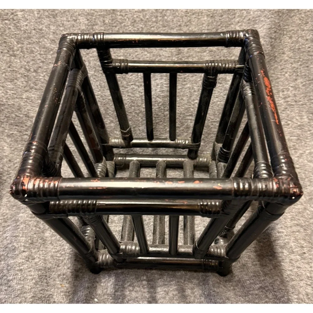VTG Black Rattan Faux Bamboo Square Planter Basket Storage Chinoiserie Style